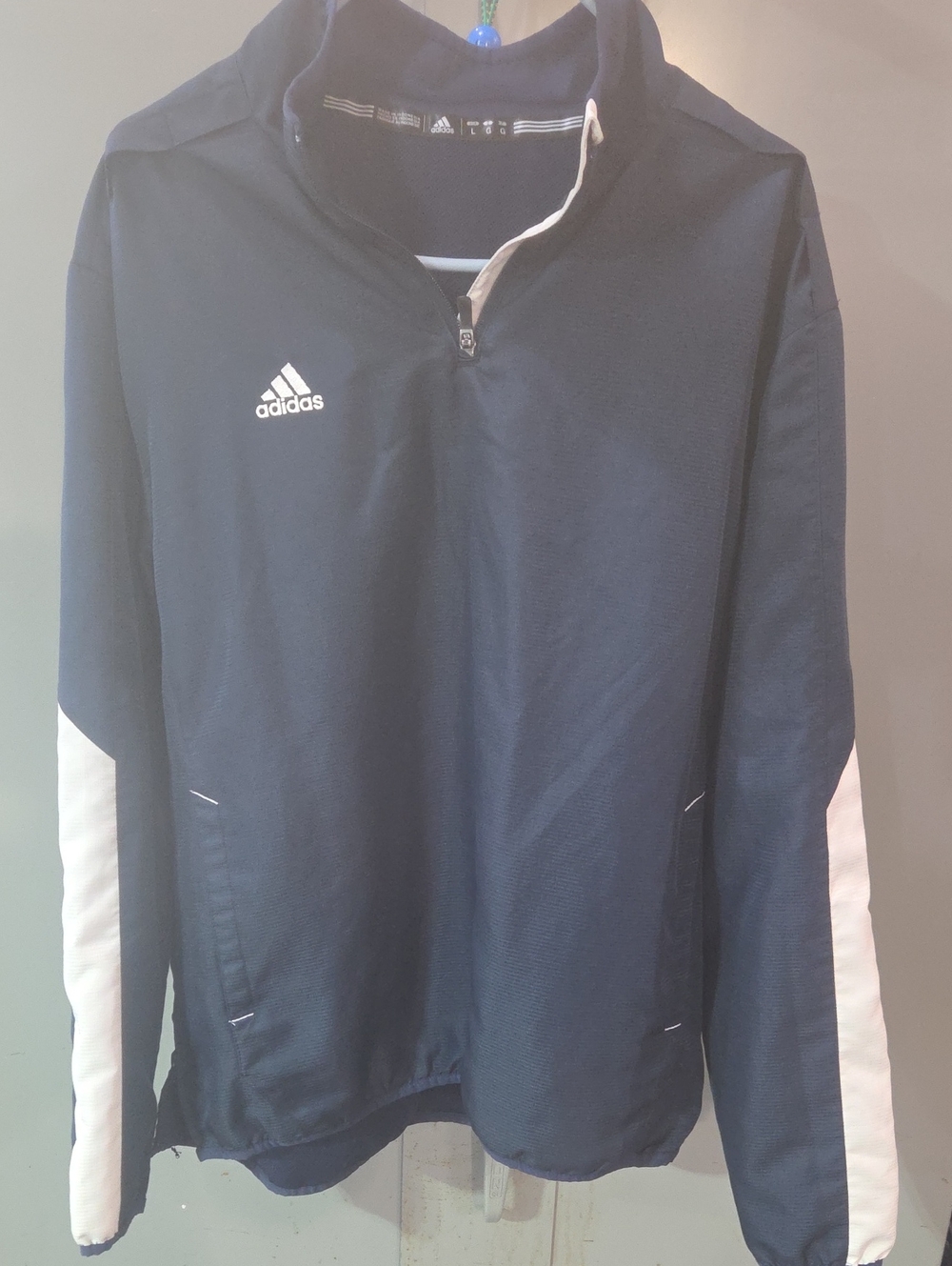 adidas Men's Navy Zip-Up Sweater with White Sleeve Stripes